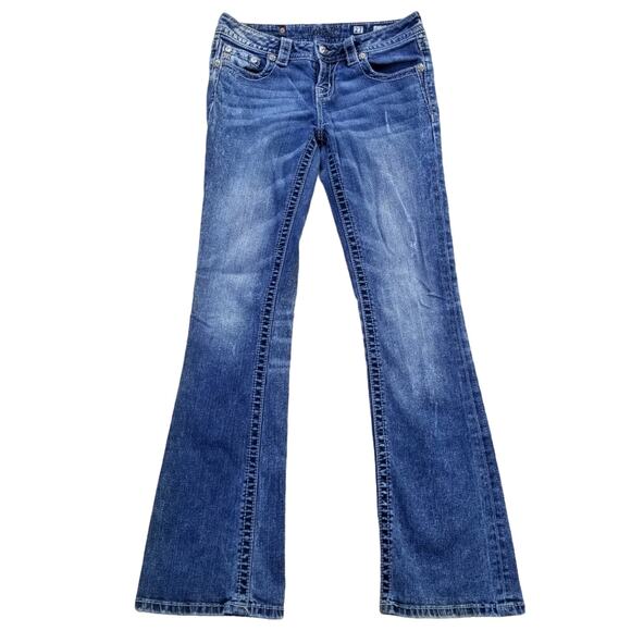 Miss Me Denim - Daisy Flower Flap Pocket Jeans Miss Me Mid-Rise Boot Jeans Size 27 Stretch Denim